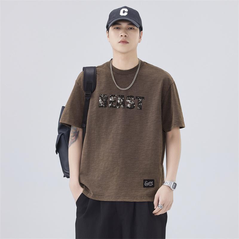 New Summer Pure Cotton Men's T-plate Bamboo Joint Cotton Ice-sensing Wash Water Heavy Printed T-shirt Short-sleeved