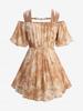 Rosegal Plus Size Tie Dye Leaf Print Chain Panel PU Leafther Strapy Lace Up Corset 2 In 1 Cold Shoulder Plisse Blouse