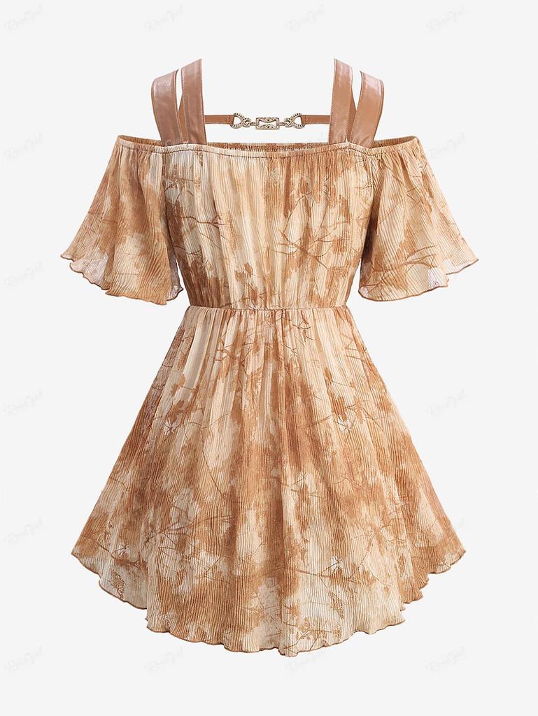 Rosegal Plus Size Tie Dye Leaf Print Chain Panel PU Leafther Strapy Lace Up Corset 2 In 1 Cold Shoulder Plisse Blouse