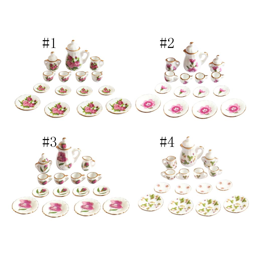 1/12 Dollhouse Miniature Dining Ware Porcelain Tea Set Dish Cup Plate Pot 15Pcs White+Pink/Green