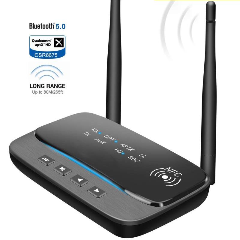

NFC 80M Bluetooth 5.0 Transmitter Receiver Bypass aptX LL HD Wireless Audio Adapter SPDIF RCA AUX 3.5mm For TV PC Car Headphones
