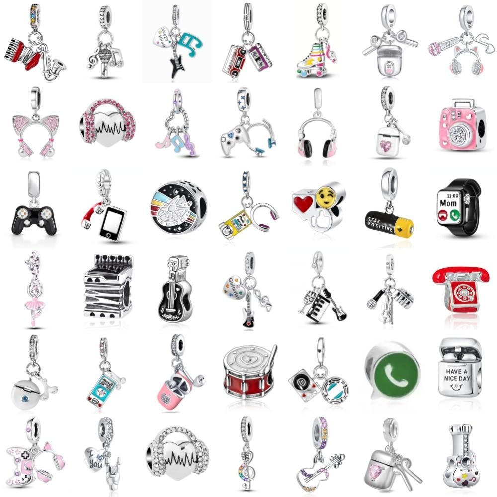 New 925 Silver musical instrument Charm Bead Earphone Guitar Piano Pendant Fit Original Bracelet Man Women DIY Jewelry Gift