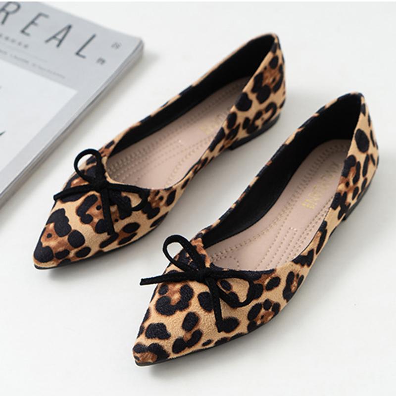 Mode Elegant Schleife Leopardenmuster Ballerinas Frau Übergröße 40-43 Sneaker Schuhe Damen Slipper spitze Zehen Flock Mokassins