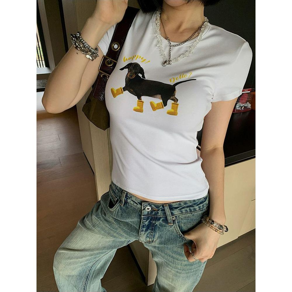 

Front Shoulder Crew Neck Printed Short Sleeve T-Shirt Women s New Summer Unique Yellow Boots Puppy Slim Fit Black Upper Clothes M