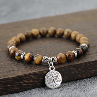 Bracelet 8mm fait main en Pierre Naturelle et Bois Pierre de Lave Bracelet Homme Style Ethnique Arbre de Vie Bracelet Turquoise Bijoux Yoga