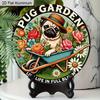 2D Flat 1pc Humorous Garden “PUG GARDEN” Aluminum Sign Round Decorative Hanging Ornament, Home Kitchen Garden Balcony Fence Decor, Gardening Studio