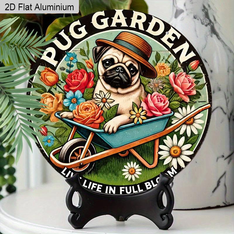 2D Flat 1pc Humorous Garden “PUG GARDEN” Aluminum Sign Round Decorative Hanging Ornament, Home Kitchen Garden Balcony Fence Decor, Gardening Studio