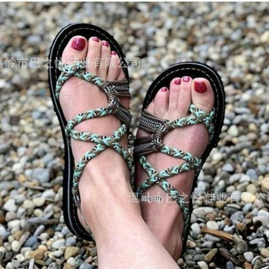 Women's Plus Size Color Block Knot Flat Sandals - 2025 New European & American Beach Toe Loop Style