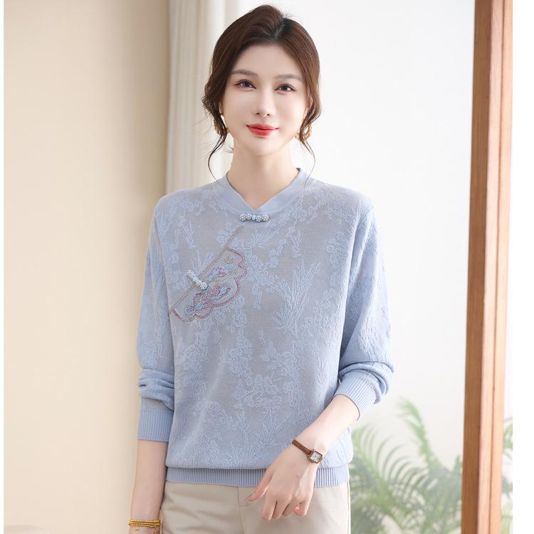New Middle-aged Knitted Bottoming Sweater Hundred-tower Top Mother's Autumn and Winter Fashion National Wind Cheongsam Collar Sweater