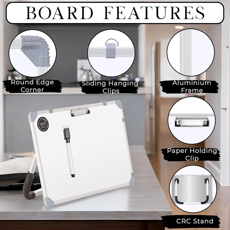 Eduway Magnetic Dry Erase 1X1.5 Feet White Board With Stand | Standing Whiteboard | Table Top With Paper Clip For Study,