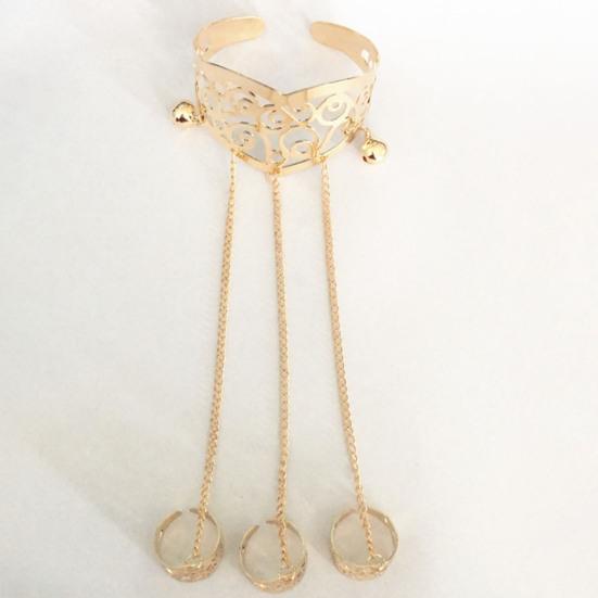 Multilayer Tassel Bell Hand Harness Bracelet Hollow Engraved Pattern Adjustable Bangle Finger Chain Jewelry Accessories