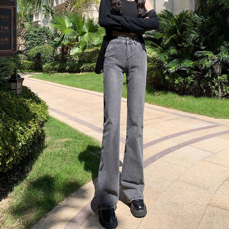 

2022 весенне-осенние эластичные удобные брюки с высокой талией в Корейском модном стиле, джинсовые брюки, расклешенные джинсы для женщин, Harajuku S серый