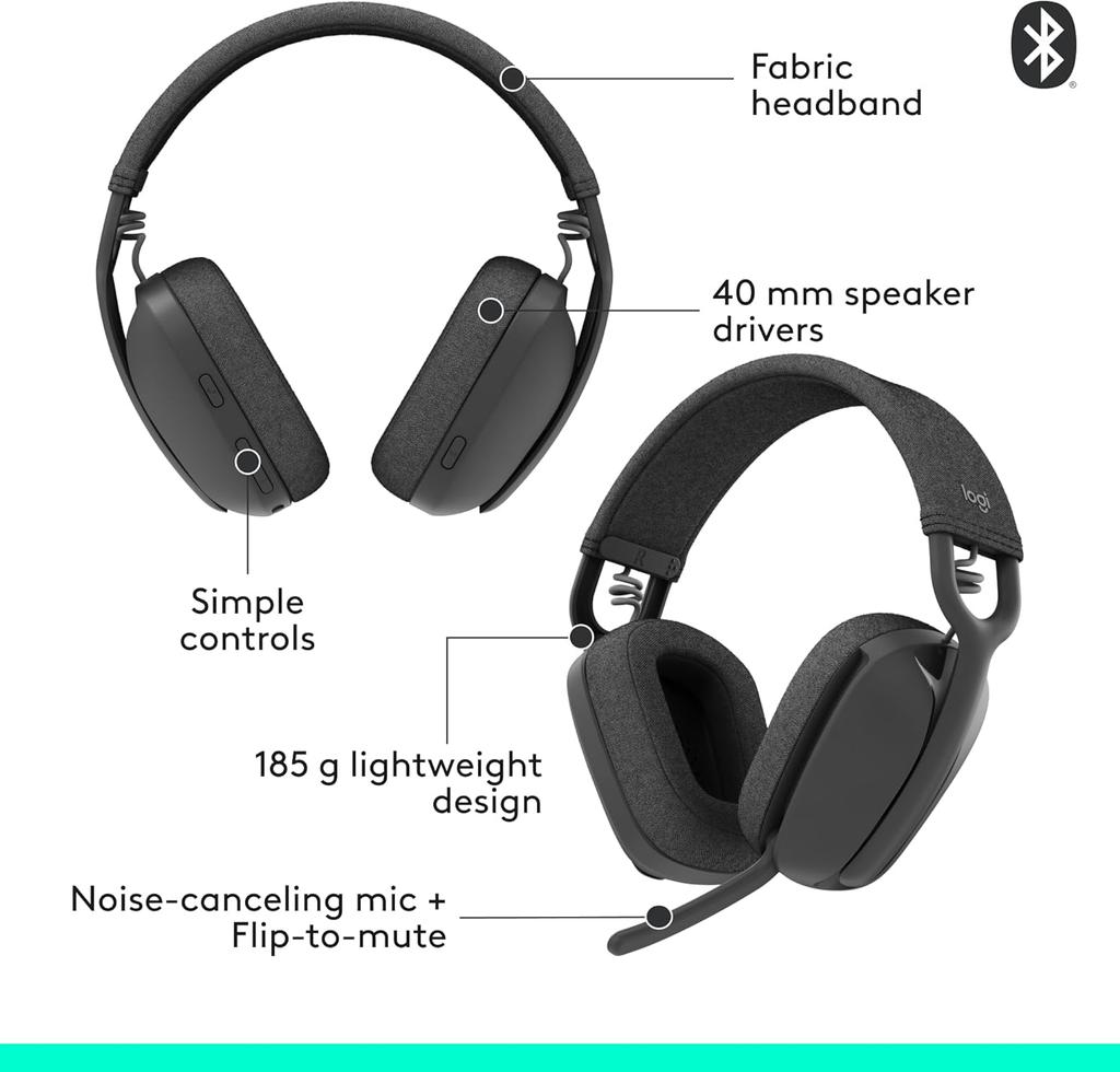 Logitech Zone Vibe 100 Wireless Bluetooth Earphones, Head mounted Office Earphones, Noise cancelling Earphones, 20 Hour Battery Life