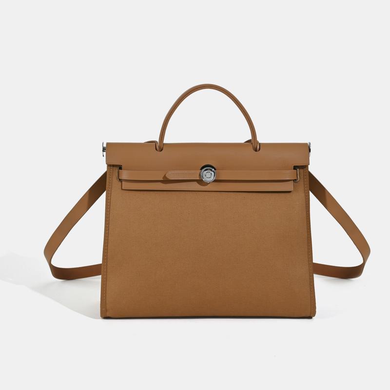 Tasche Rindsleder Canvas Farbblockdesign Große Kapazität Pendler Schulter Umhängetasche Handtasche