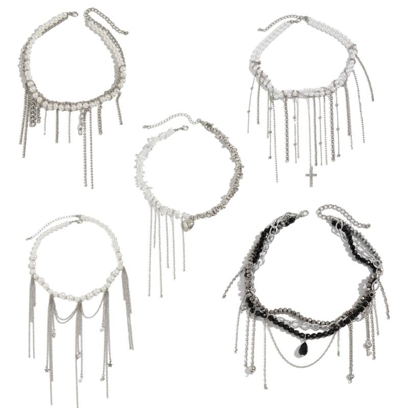 X6HE Sweet Cool Heart Star Moon Tassels Pendant Necklace For Women Fashion Jewelry Collarbone Length Imitation Pearls