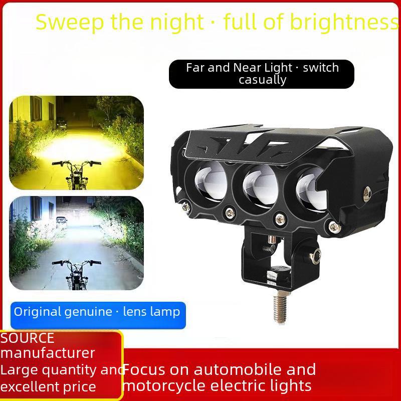 Dual Color LED Motorcycle Headlight: Three-Eye Spotlight, High/Low Beam, Waterproof, Electric Motorcycle Modification.
