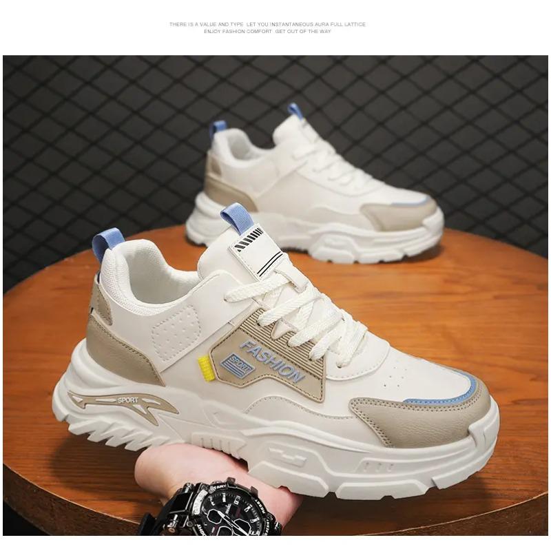 Men's Color Block Chunky Sneakers Non-Slip Thick Sole Casual Trainers Fashion Faux Leather Sports Shoes