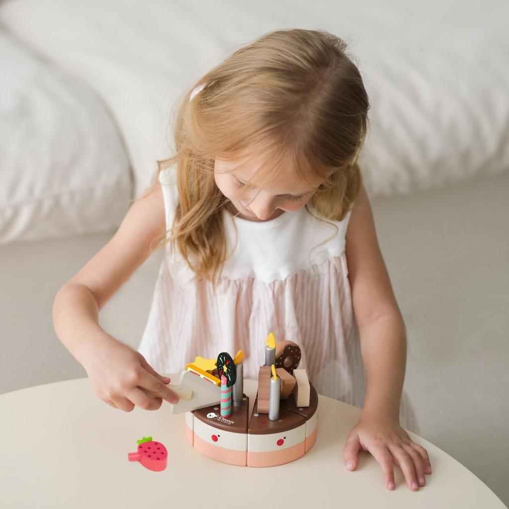 Classic World Chocolate Cake Wooden Toy Dessert Sweets Puzzle Pretend Play Wooden Puzzle Wooden Educational Toy for Boys and Girls Ages 2, 3, 4, Birth