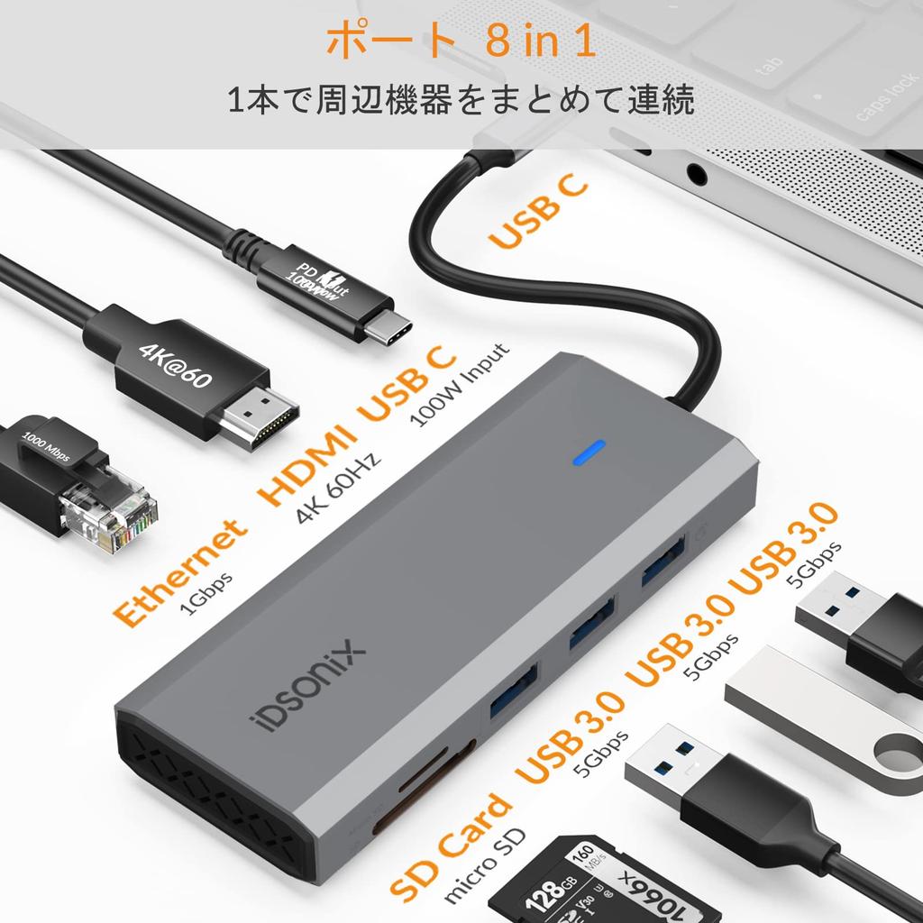 iDsonix To USB Compatible with Warranty Port LAN Port 3 USB Ports PD Charging Port SD Card Port Micro SD Card 8-in-1 USB-C Hub, Type-C 3.0 5Gbps,