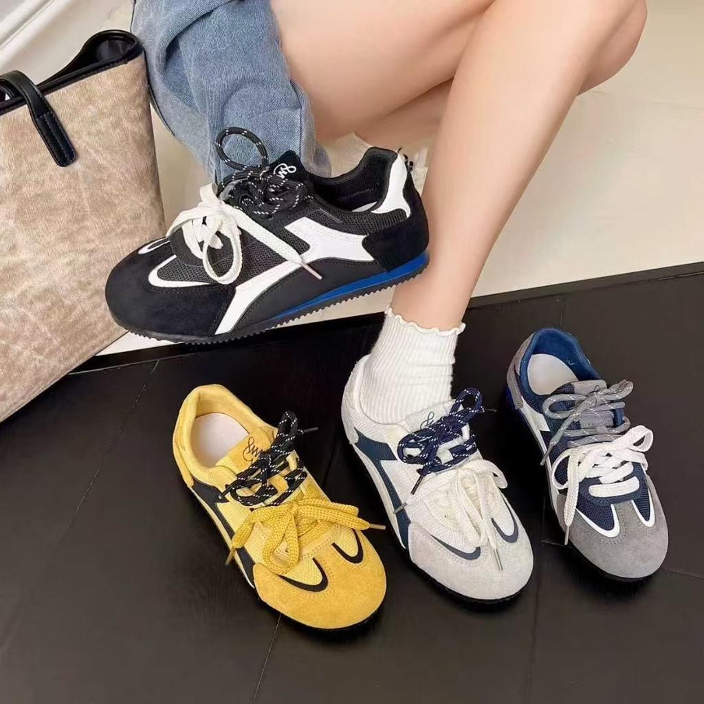 Dopamine color matching German training shoes 2025 autumn cow anti-suede mesh splicing flat-bottomed soft leather sports and leisure single shoes wom
