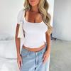 Summer Women Y2K Solid Colour U Neck Sexy Slim Showing Neckline Short Sleeve Women's T-Shirt