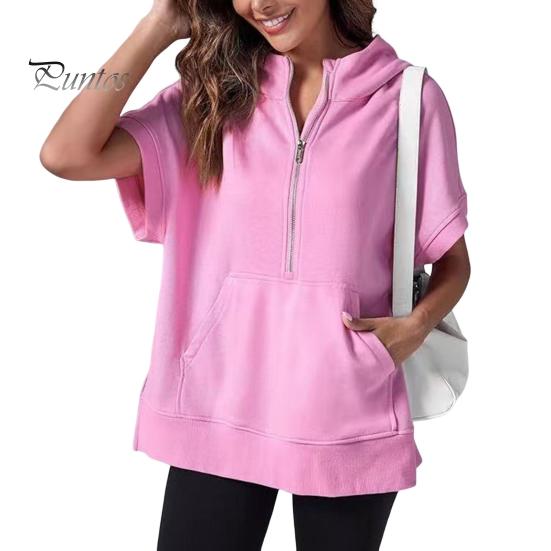 Summer Women Hoodie Half Zipper Short Sleeves Solid Color Pullover Loose with Pocket Casual Daily Wear School Sport Pullover Top Female Clothes