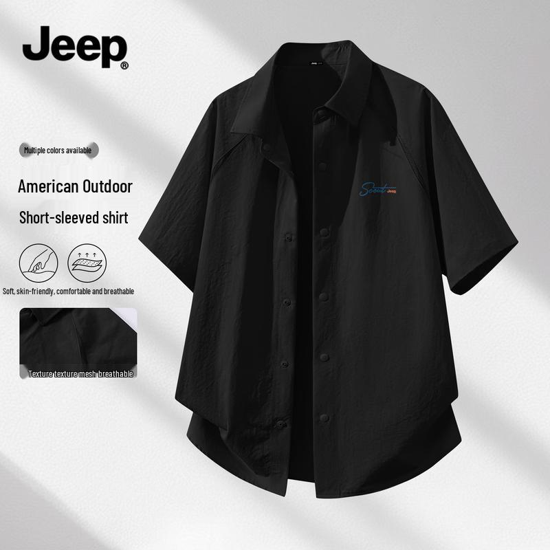 JEEP Men s Summer Textured Mesh Short-Sleeve Lapel Shirt L