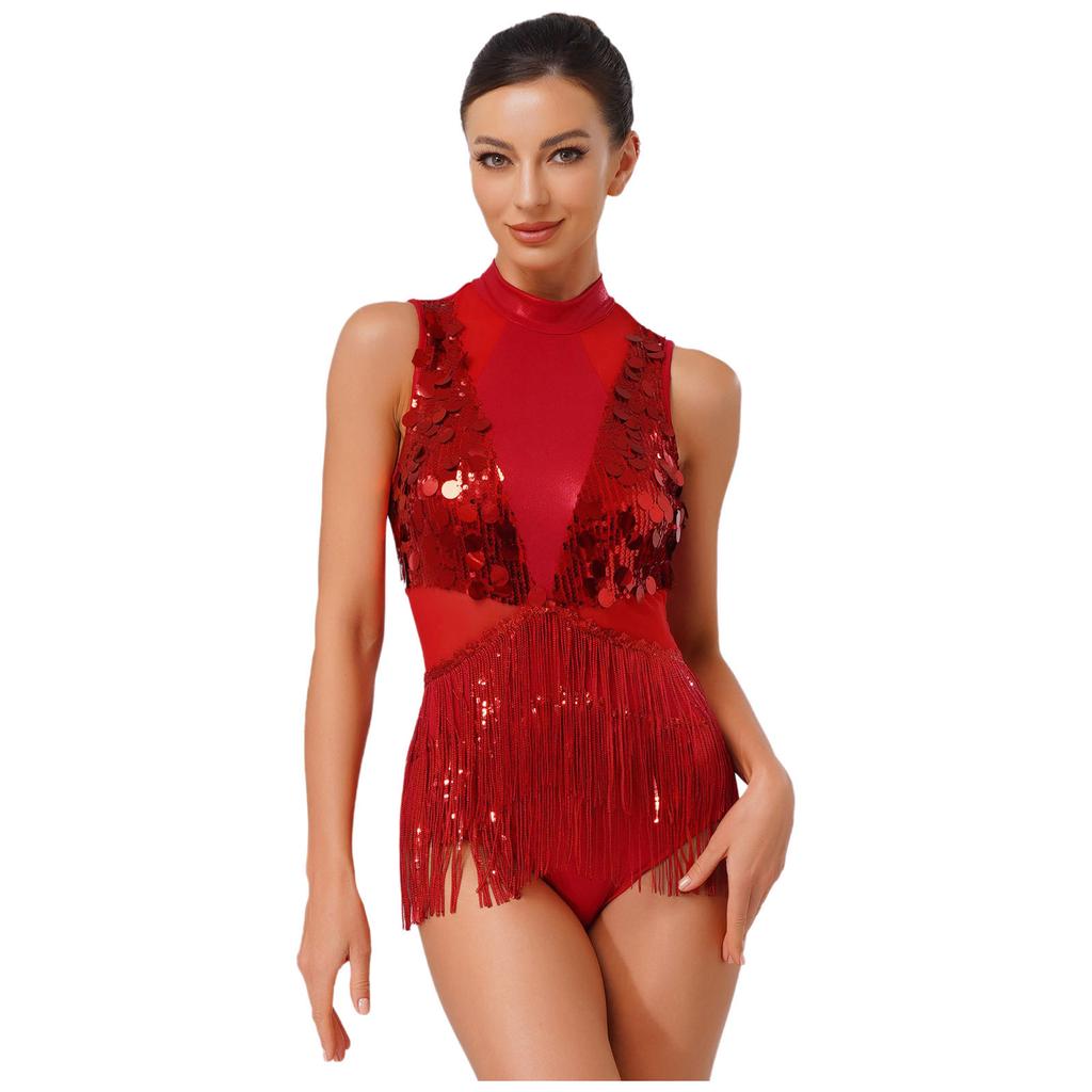 Womens Latin Dance Leotard Sequin Tassel Design Sleeveless Back Cutout Metallic Shiny Patchwork Bodysuit