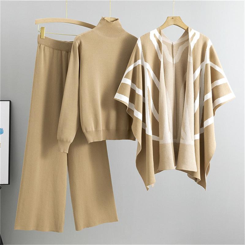 Women's Autumn And Winter New Lazy Style Casual Suit Knitted Sweater Shawl Cape Wide Leg Pants Three Piece Set