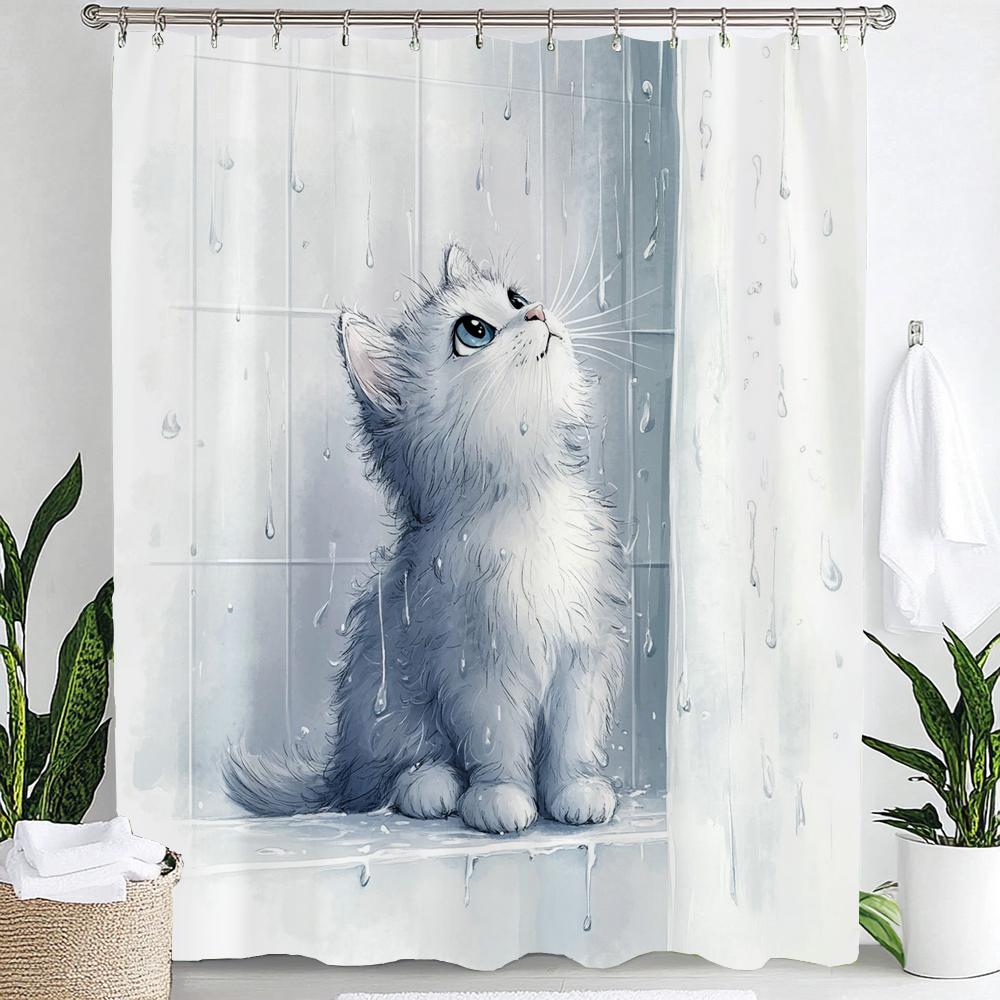 Cartoon Niedliche Katze für Badezimmer Duschvorhang, Dekorativer Duschvorhang, Bedruckter Stoff Vorhang für Zuhause Mit Haken
