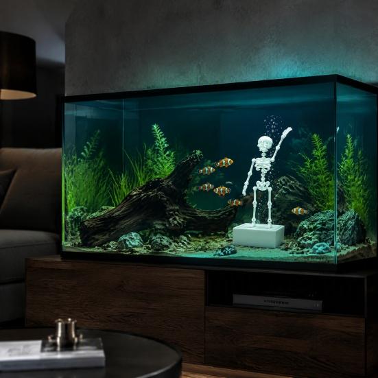 Fish Tank Air Driven Ornament Dancing Skeleton Aquarium Bubbler, 3D Printed Powered Moving Skull Ornament, Halloween Gothic Decorative Bubbler