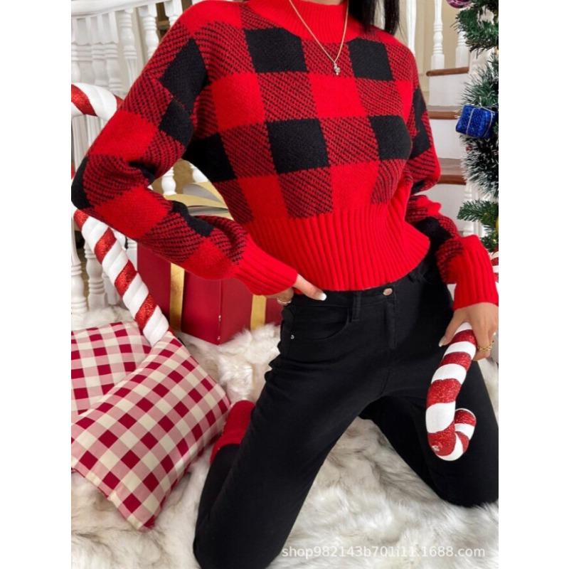 Women S Red Black Plaid Knit Pullover Slim Fit Long Sleeve Sweater