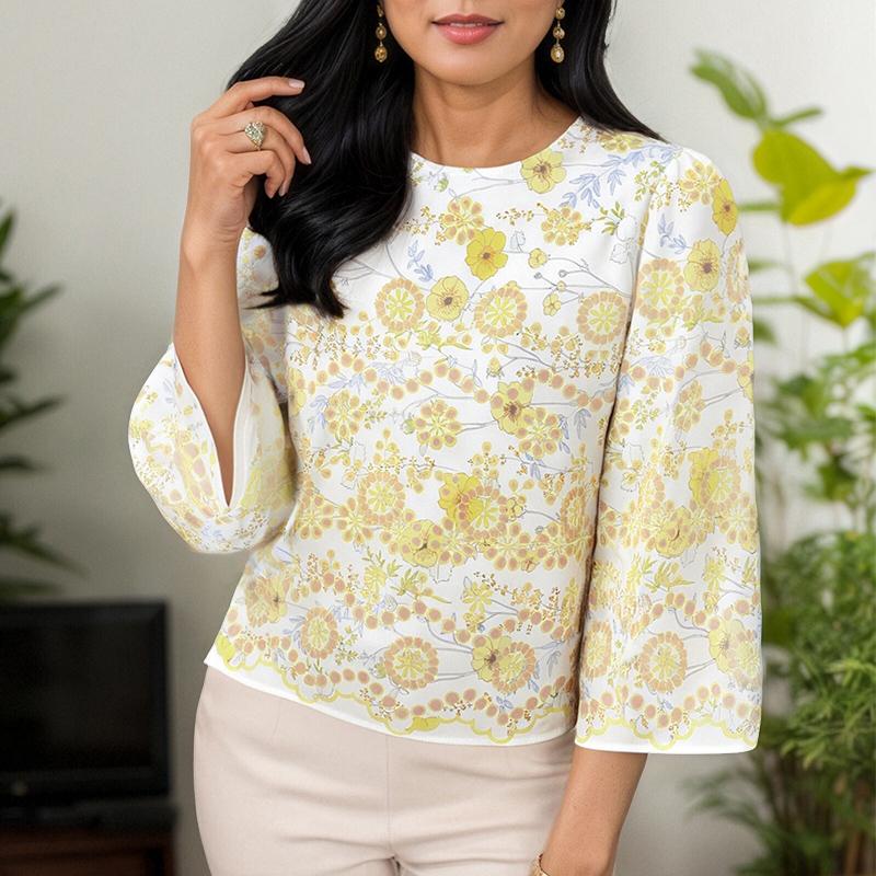ZANZEA Blusa Casual de Mujer con Cuello Redondo y Manga 3/4 con Estampado Floral