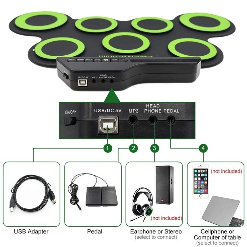 1 Box USB Portable Electronic Drum with Sustain Pedal Folding Music Drums for Beginner Children