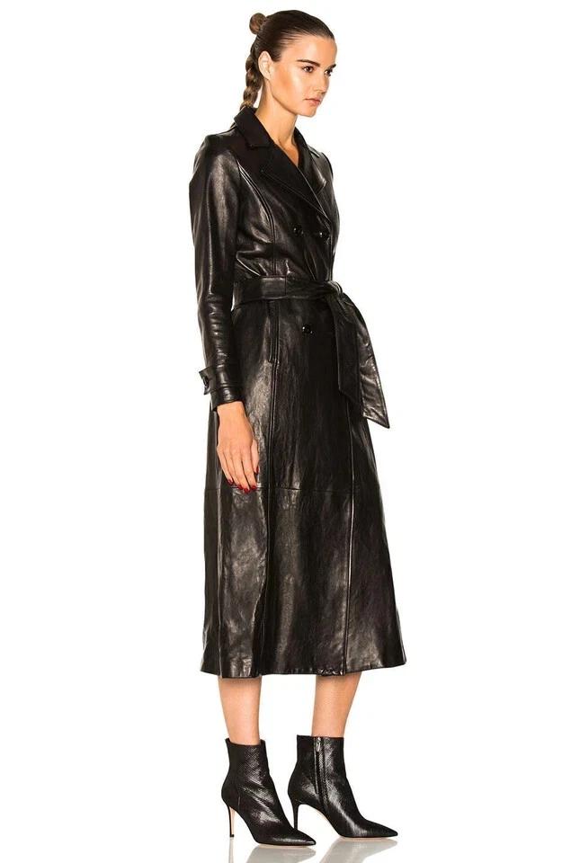 Lambskin Genuine Stylish Casual Fit New Women Trench Coat Black Handmade Leather