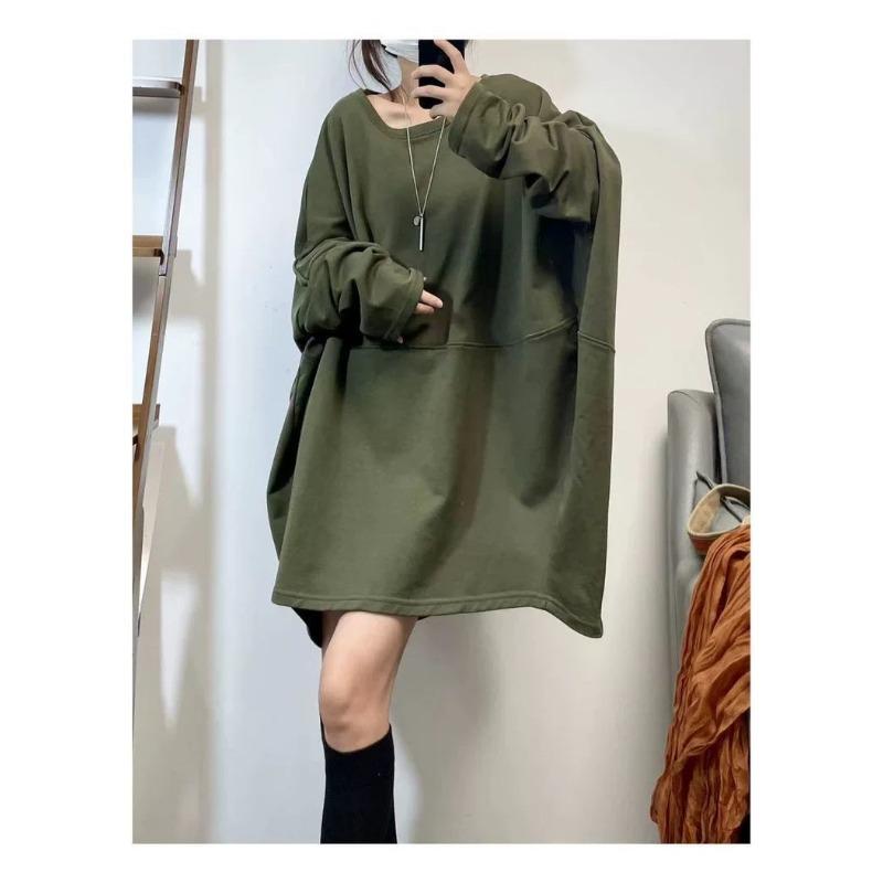 Women's Oversized Olive Green Sweatshirt Dress Loose Fit Long Sleeve Casual Tunic with Pocket