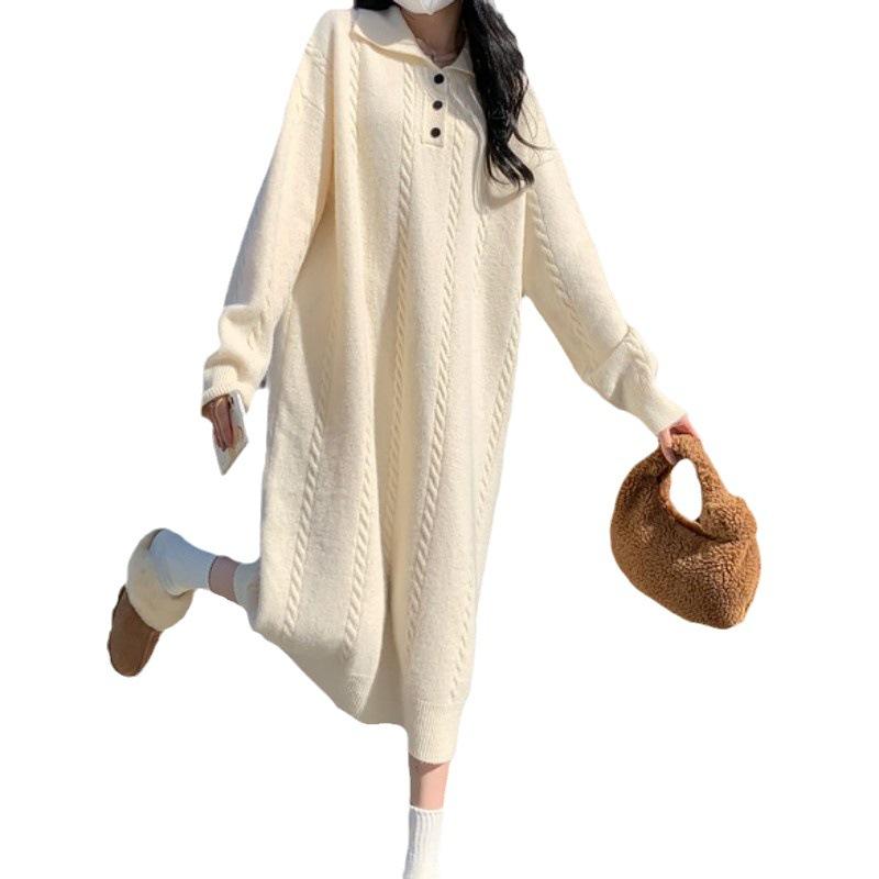 New autumn and winter knitted dress women's loose fashion lapel twist primer sweater skirt women's fashion trend