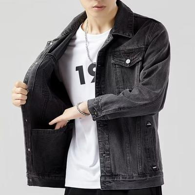 Men Denim Jacket Lapel Long Sleeve Flap Pockets Solid Color Coat Button Closure