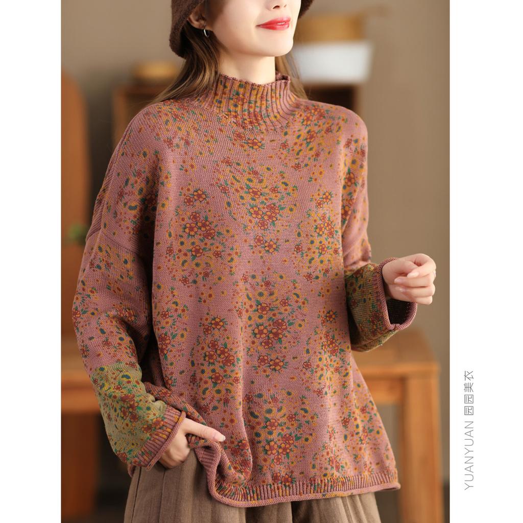 Damen-Pullover-Sweater mit Stehkragen Langarm im Patchwork-Blumendruck Frühling Strick-Damenpullover