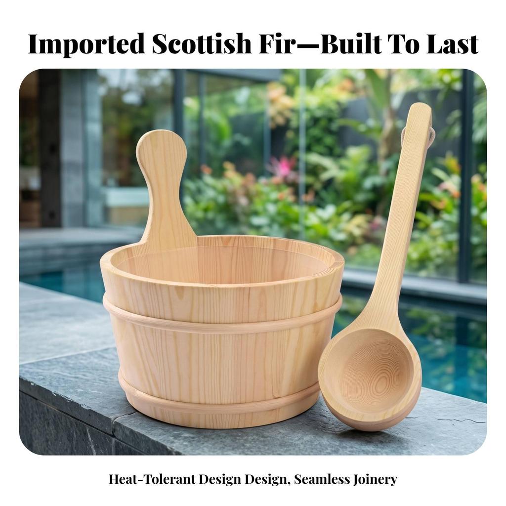 Wooden Sauna Pail Natural Wood and Ladle Set Long-Lasting