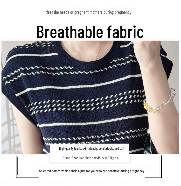 New Summer Ice Silk Maternity Dress with Short Sleeve Polo Collar and Slimming Color Block Stripes