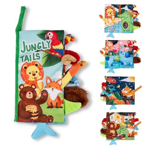 Montessori Baby Cloth Book [Fun and Educational! Professional Recommendation] Educational Toy for Ages 0+ Play with the Tail! Crinkly Sound Toy, Soft,
