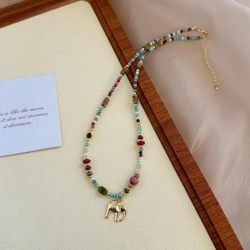 Natural Stone Beaded Auspicious Little Elephant Necklace for Women, High-end Sweater-style Neck Chain Accessory