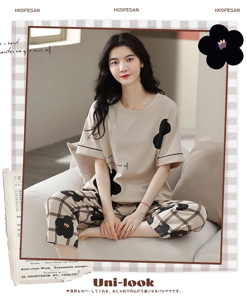 Top and Bottom Loose Sweat Quick Gentle on the Skin [HOOFESAN] Women's Pajamas, Loungewear, Summer, Loungewear, 100% Cotton, Set, Gift, Fit,
