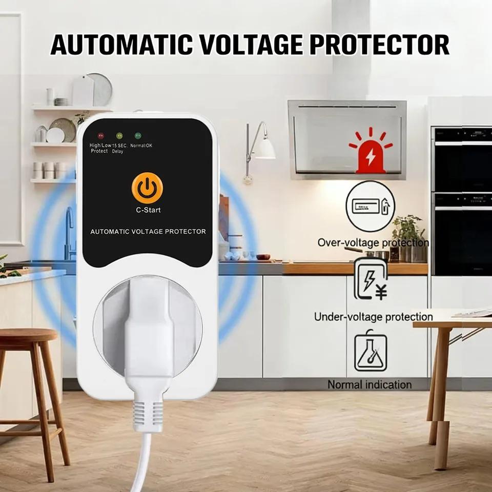 Prise Protecteur de Tension Automatique Protection de Sécurité Surtension/Sous-tension AC 220V Réglable 16A Prise Protecteur de Tension Fiche UE