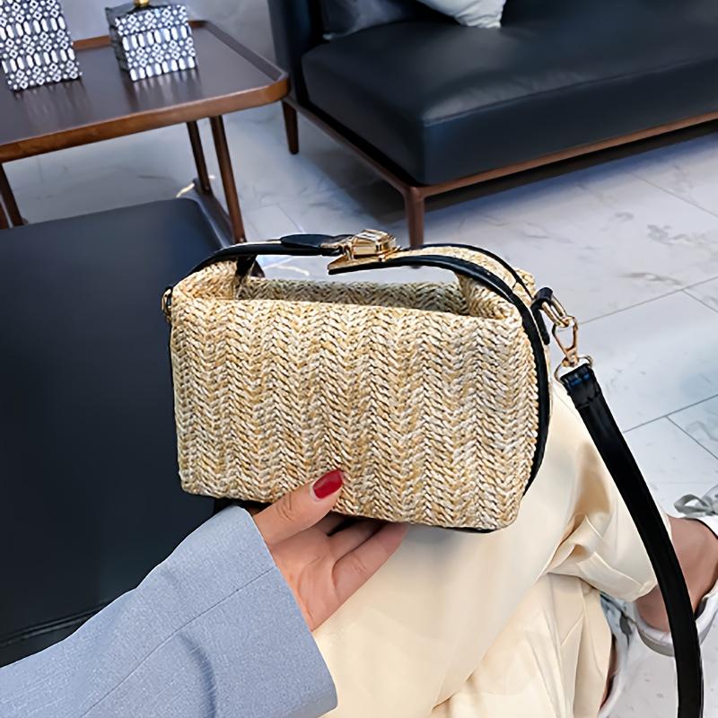 

Сумка кроссбоди с соломенной текстурой для женщин Маленькая квадратная сумка-подушка с застежкой-молнией Съемный ремешок Винтажная сумка чёрный
