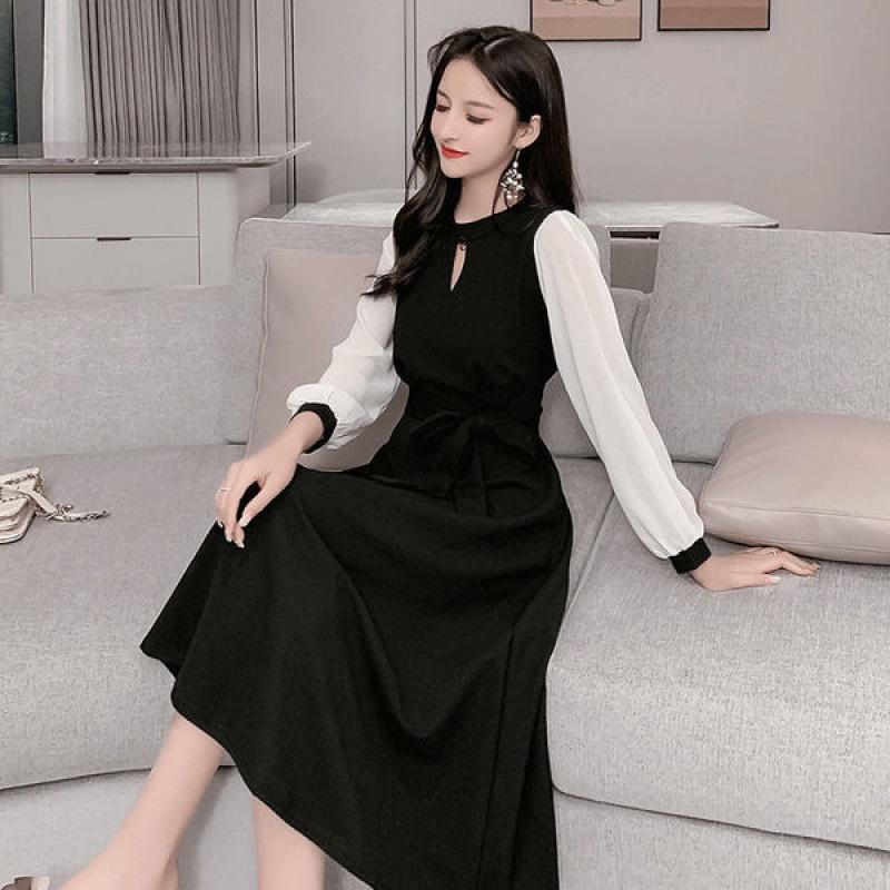 French 2025 Elegant Slimming Waist-Cinched Long-Sleeved Dress for Spring and Autumn in Korean Style.