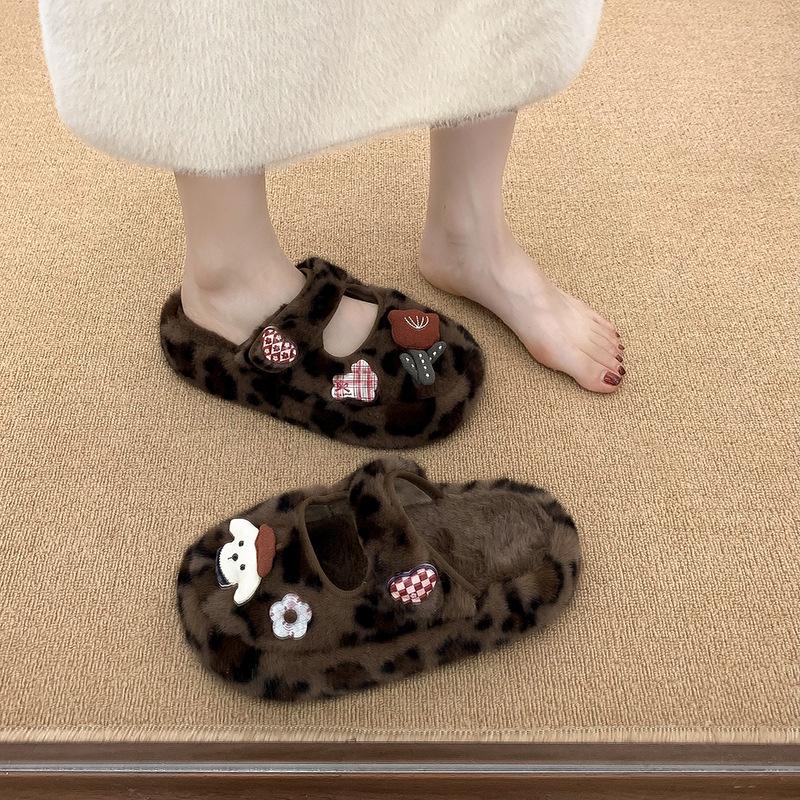 

Мультяшные милые тапочки-полусапожки с головой сумки для женщин, осенне-зимние новинки, толстая подошва, нескользящие, теплые плюшевые хлопковые тапочки, тренд 40 цветной печати леопарда