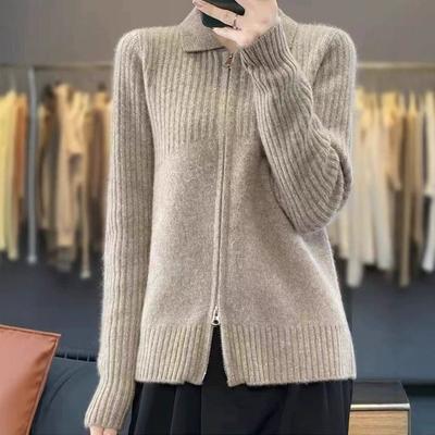 Autumn and Winter New Loose and Thin Solid Color Knitted Cardigan Top Women's Design Double Zipper Lapel Sweater Jacket