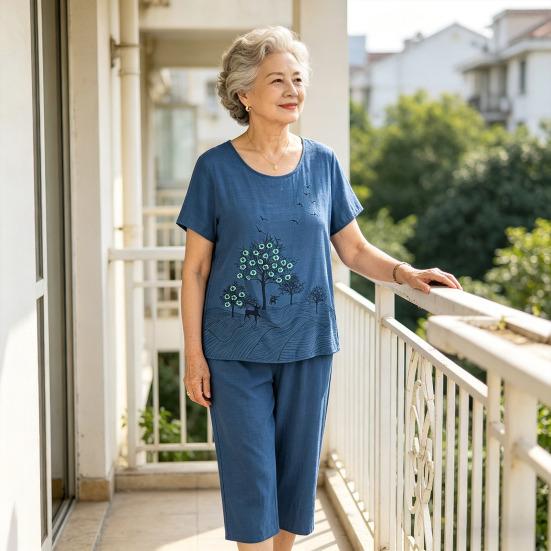 Conjunto de Pijama Feminino com Gola Redonda, Manga Curta e Calça Cropped Conjuntos para Relaxar Verão Floral Roupa de Dormir Conjunto Combinando